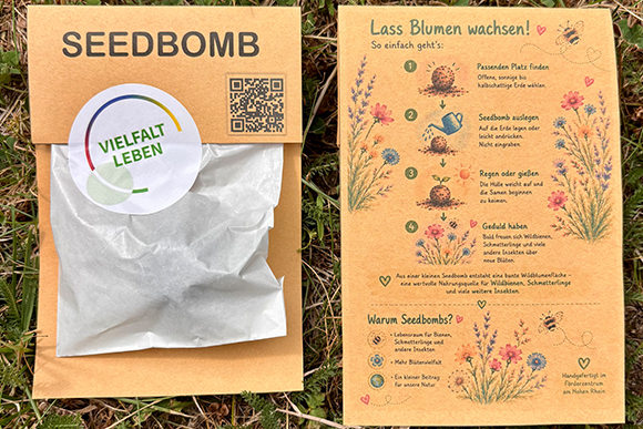 Foto einer verpackten Saatbombe mit Pflanzanleitung und 